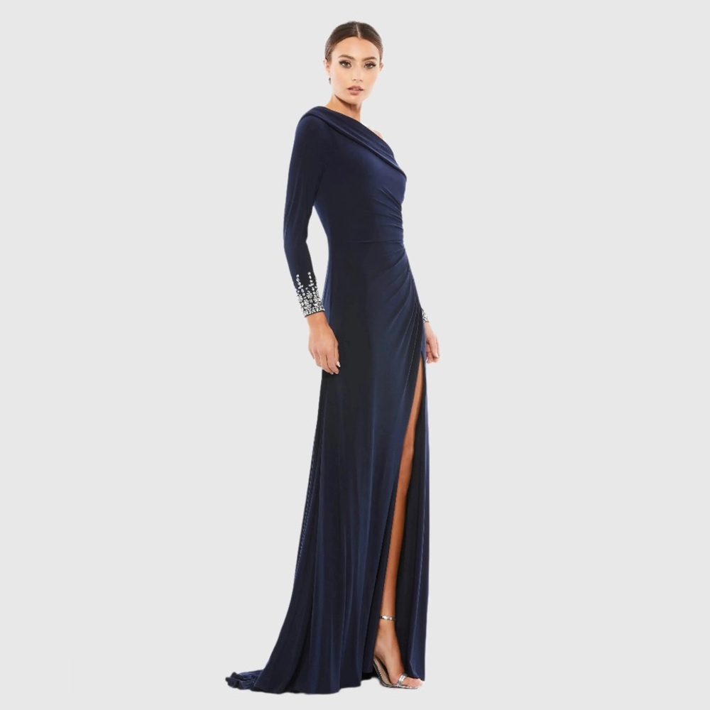 Navy Beaded Cuff Drop Shoulder Faux Wrap Gown (NWOT)